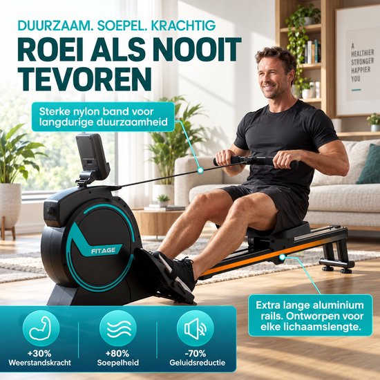 Man op een roeitrainer in een woonkamer, met inzetstukken die '+30% Weerstandskracht', '+80% Soepelheid', '-70% Geluidsreductie' tonen.
