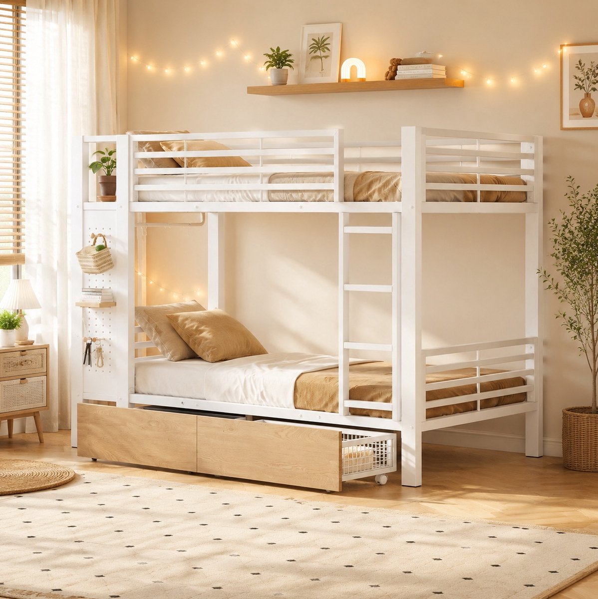 FloraGrace Stapelbed 90x200 cm - Met Ledverlichting en 4 Lades - Met Kledingstang - Zonder Matras - Metaal en MDF - Wit