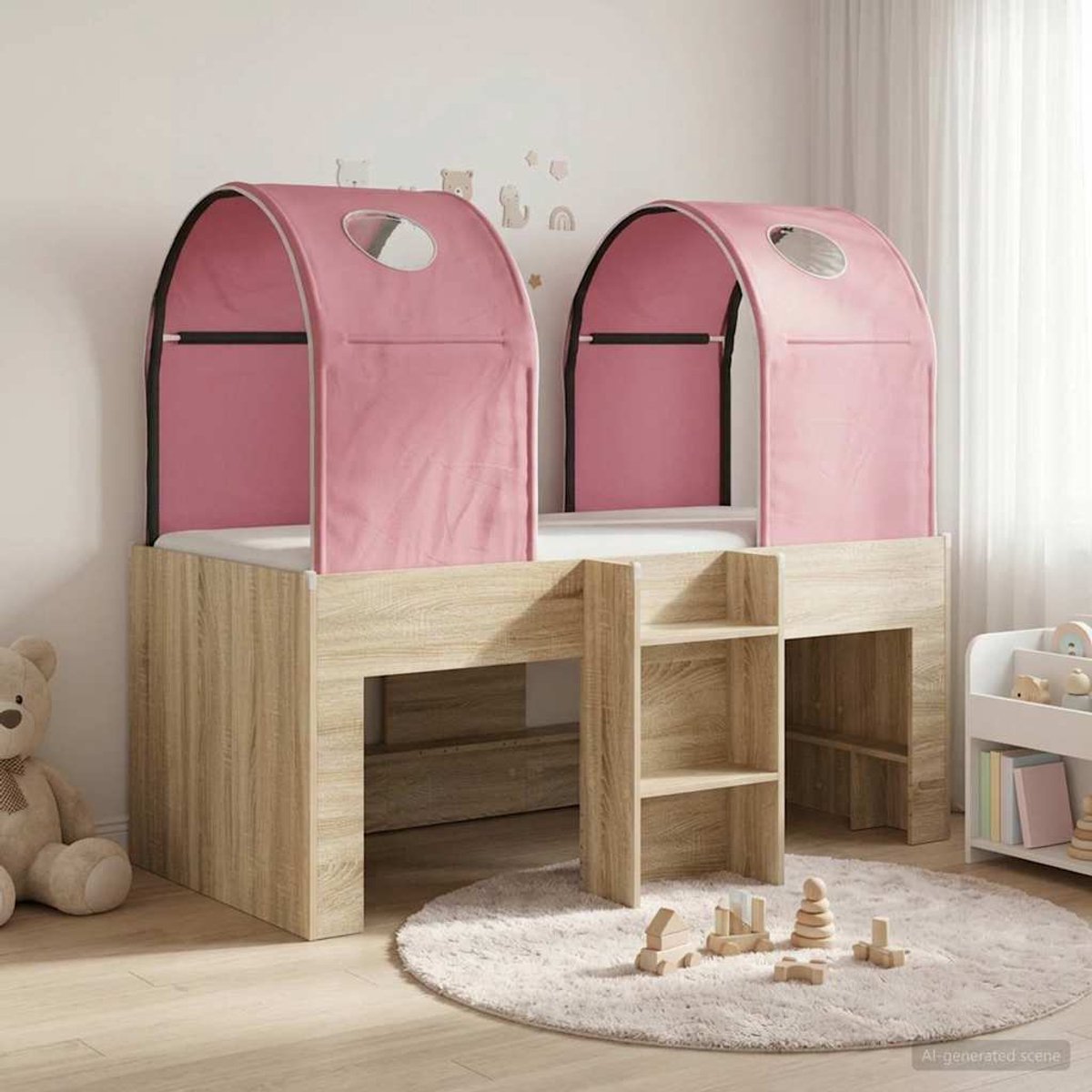 vidaXL Bed - met - Tunnel - 3 - st - Sonoma - en - Roze - Bewerkt - hout Sonoma en roze