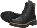 Zwarte biker boots met veters, leopardprint voering en rits. Dikke profielzool.