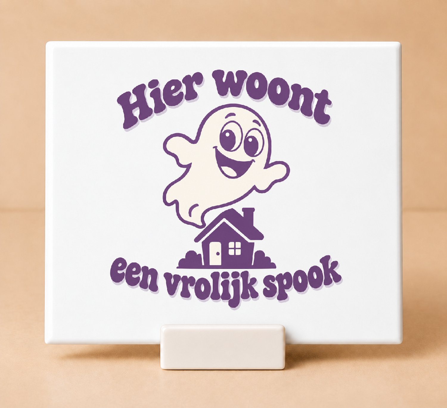 Bedruk King Retro jaren 70 Halloween Tegel – Vintage voordeurdecoratie met dikke ronde letters en speelse spooktekst - 11 x 11 cm met houder Wit