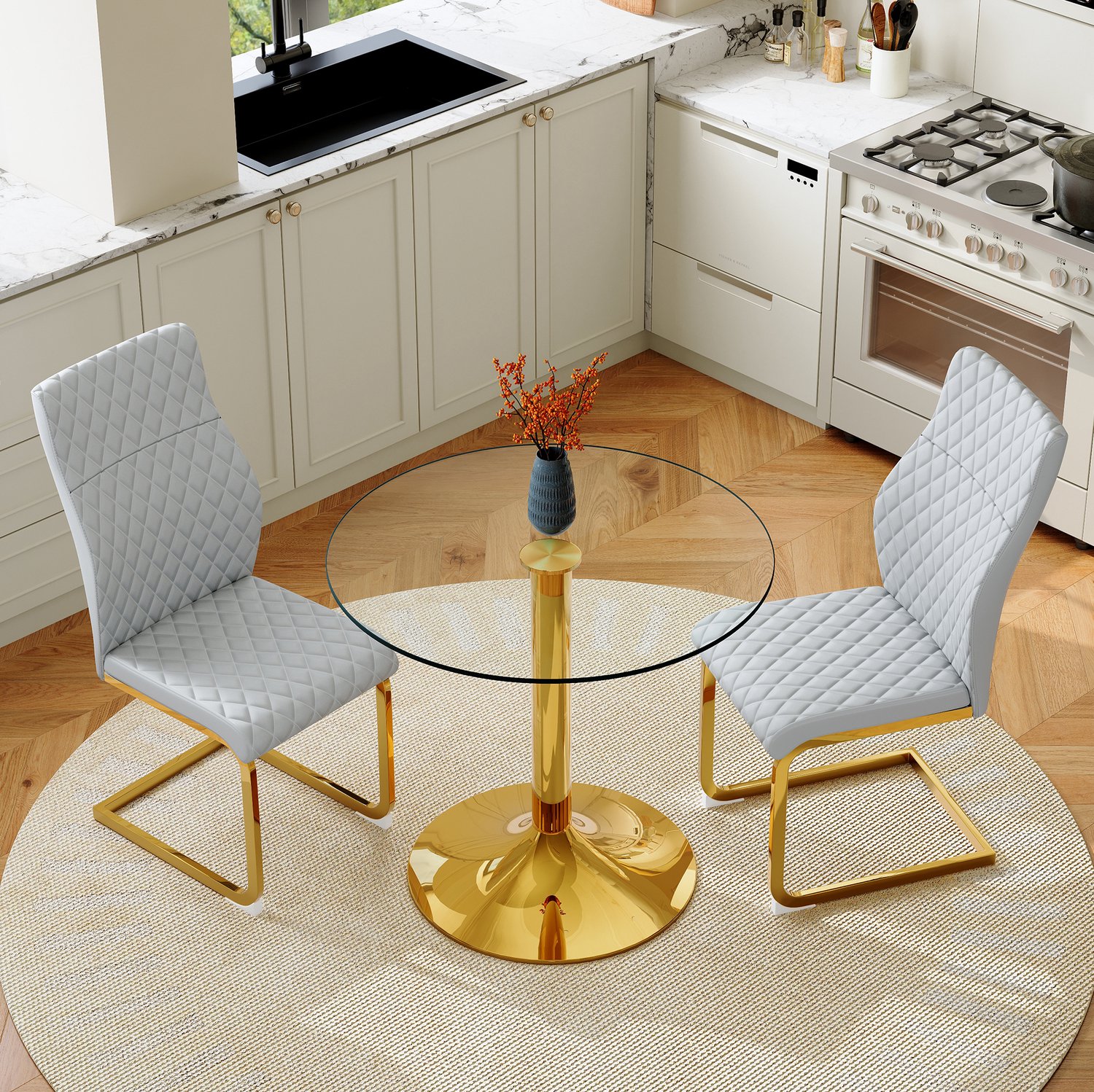 WUVRIE Eettafelset met ronde glazen tafel Ø85 cm - 2 stoelen met ruitstiksel - Lichtgrijs/goud/transparant