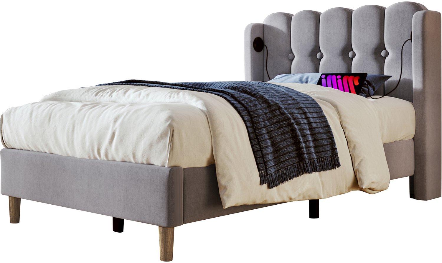 Eenpersoonsbed 90x200 - Grijs Gestoffeerd Bed Met Lattenbodem - Linnen Hoofdbord Met USB- En USB-C-aansluitingen Voor Slaapkamer