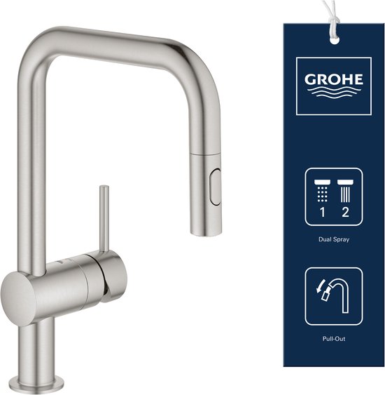RVS keukenkraan met uittrekbare handdouche, 2 straalsoorten en GROHE logo.