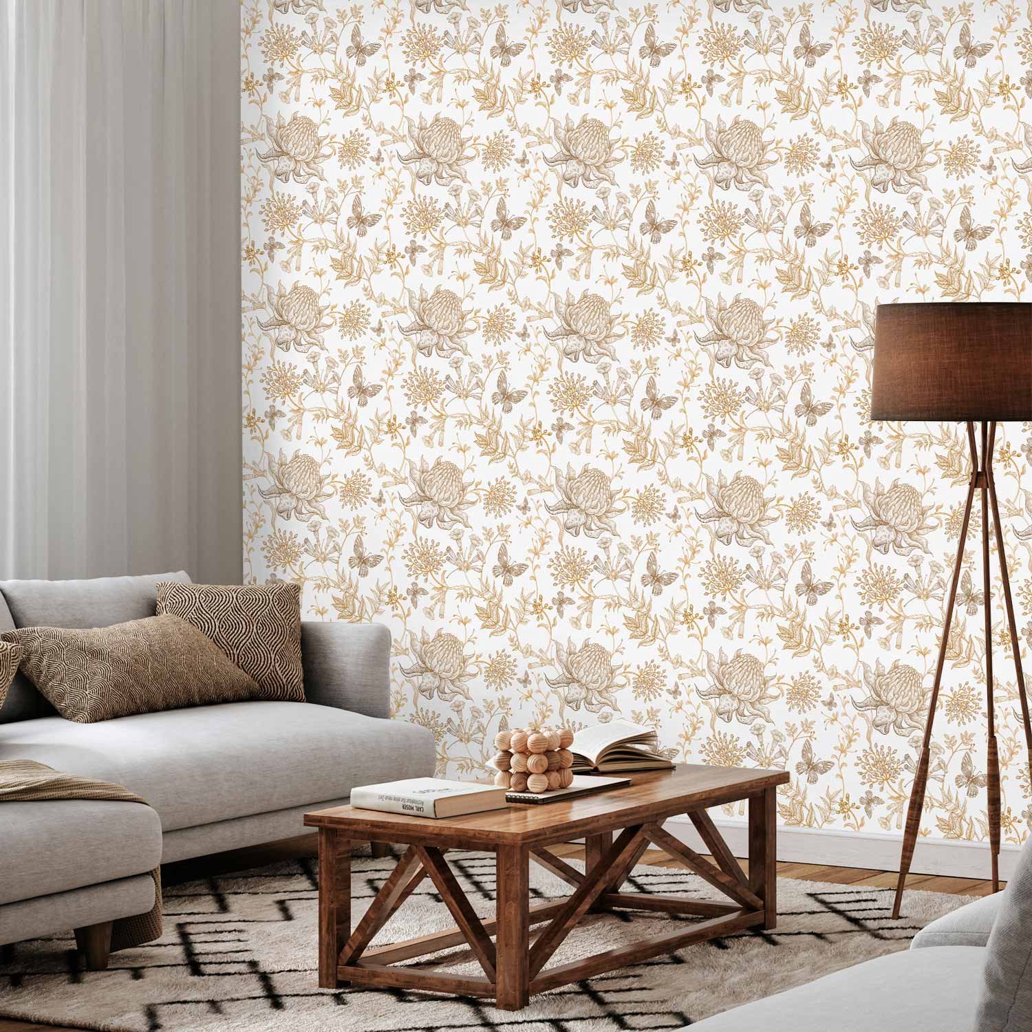Behang - Beige flowers and butterflies on white background