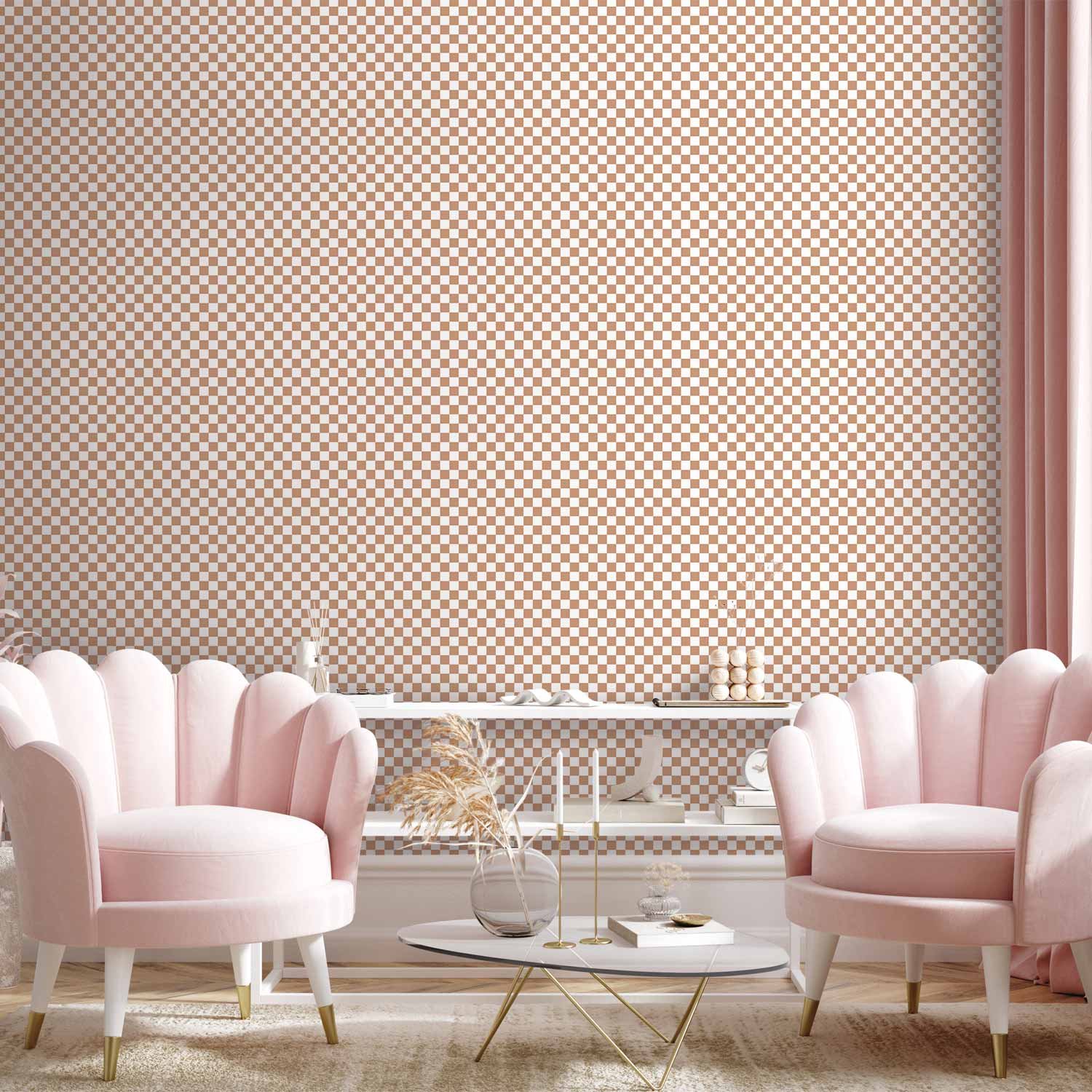 Behang - Checkerboard Pattern - Brown-White Grid with a Subtle Noise
