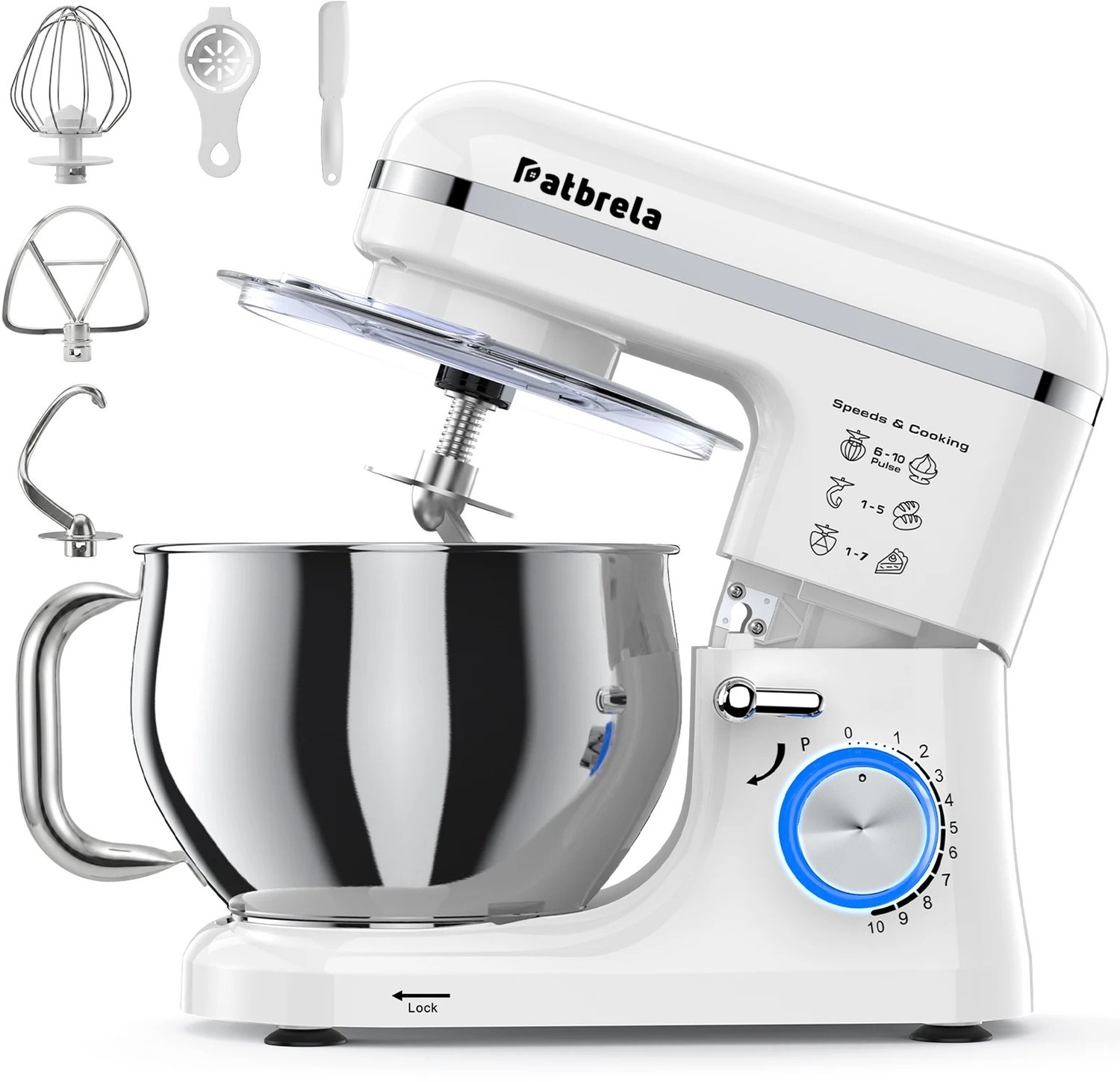 Lamor Keukenmachine - Mixer - Keukenmixer met mengkom - Keukenmixers - Mixers - Deegmixer - 10 snelheden - 2 kommen - Wit - RVS