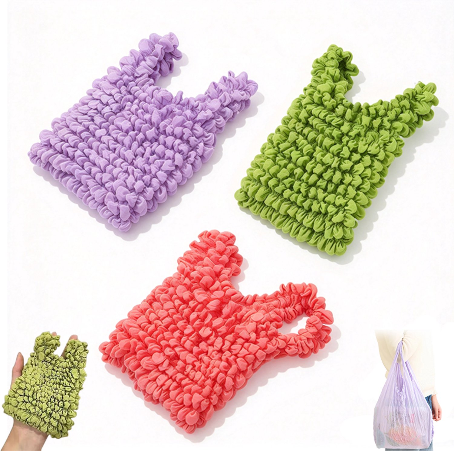 3 stuks - Rekbare boodschappentas - Boodschappentassen - Opvouwbare boodschappentas - Rekbare bubbel plooitas - Paars, groen, roze - herbruikbare eco tas voor winkelen en reizen