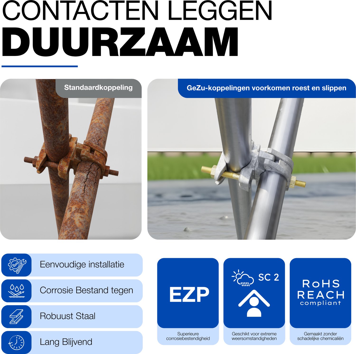 GeZu Impex Steigerkoppeling Ø 48 x 48 mm | 90° set van 4 Gegalvaniseerd draaikoppeling klem voor steiger koppelstuk