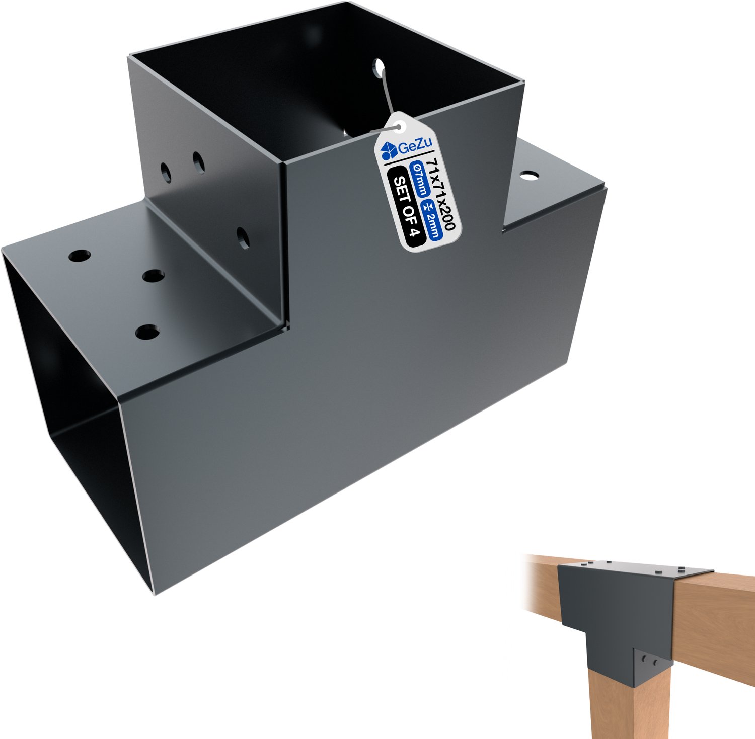 GeZu Impex Paalverbinder T 71 x 71 mm | T set van 4 Gecoat Antraciet Poeder Pergola Hoekverbinding T-Vorm 3-Balk