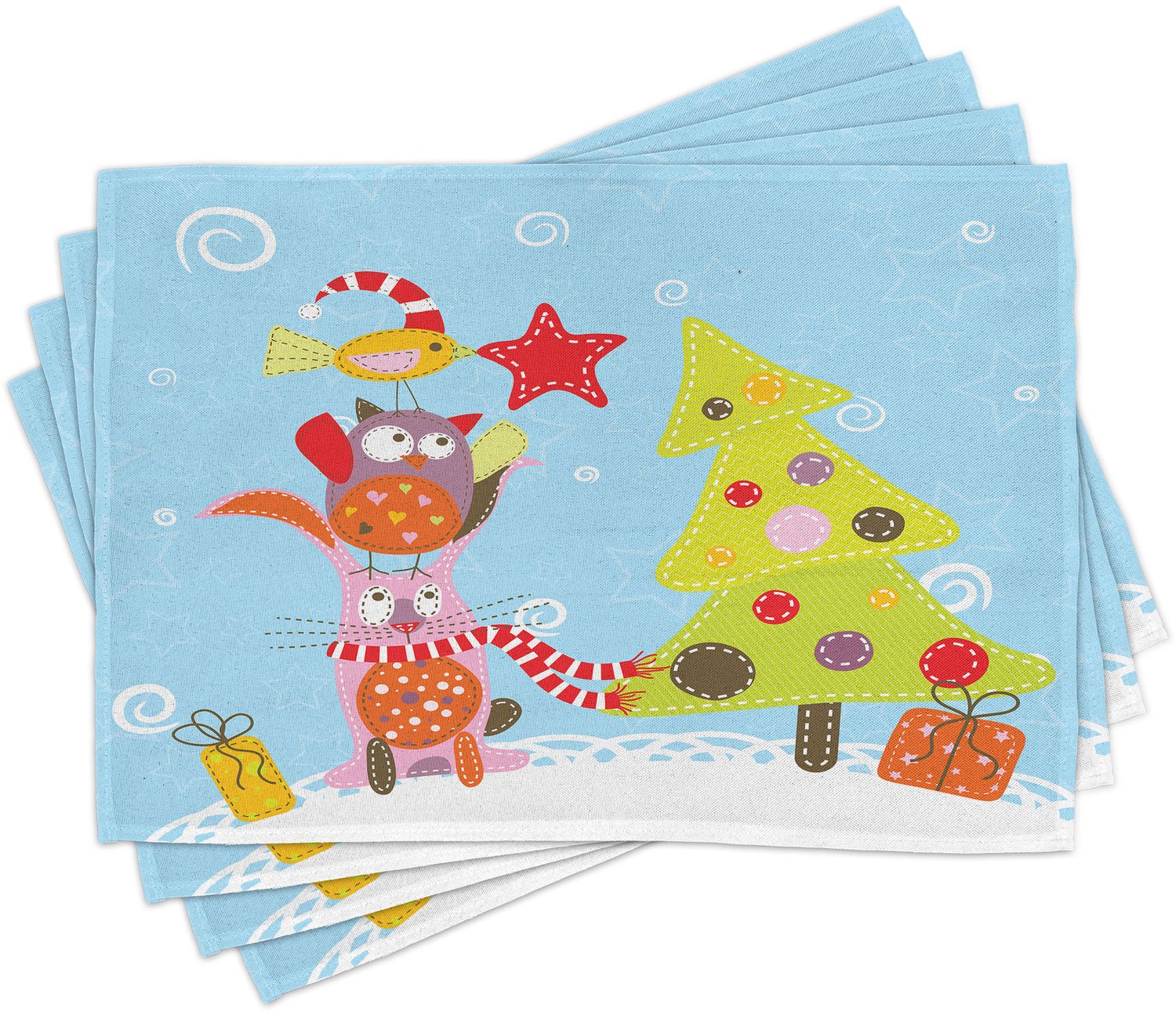 ABAKUHAUS Kerst Placemats Set van 4, Grappige Cartoon Kat Uil en een Vogel Beste Vrienden Dieren Cadeaus Kerst Print, Wasbare Stoffen Placemats voor de Eettafel, Standaardformaat, Groen Blauw