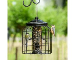 CJ Wildlife Voedersilo met Beschermkooi voor Tuinvogels - Brussel - Vogelvoedersilo voor Kleine Vogels - Hangend Vogelvoederhuisje - Vogelvoer Silo - Zwart