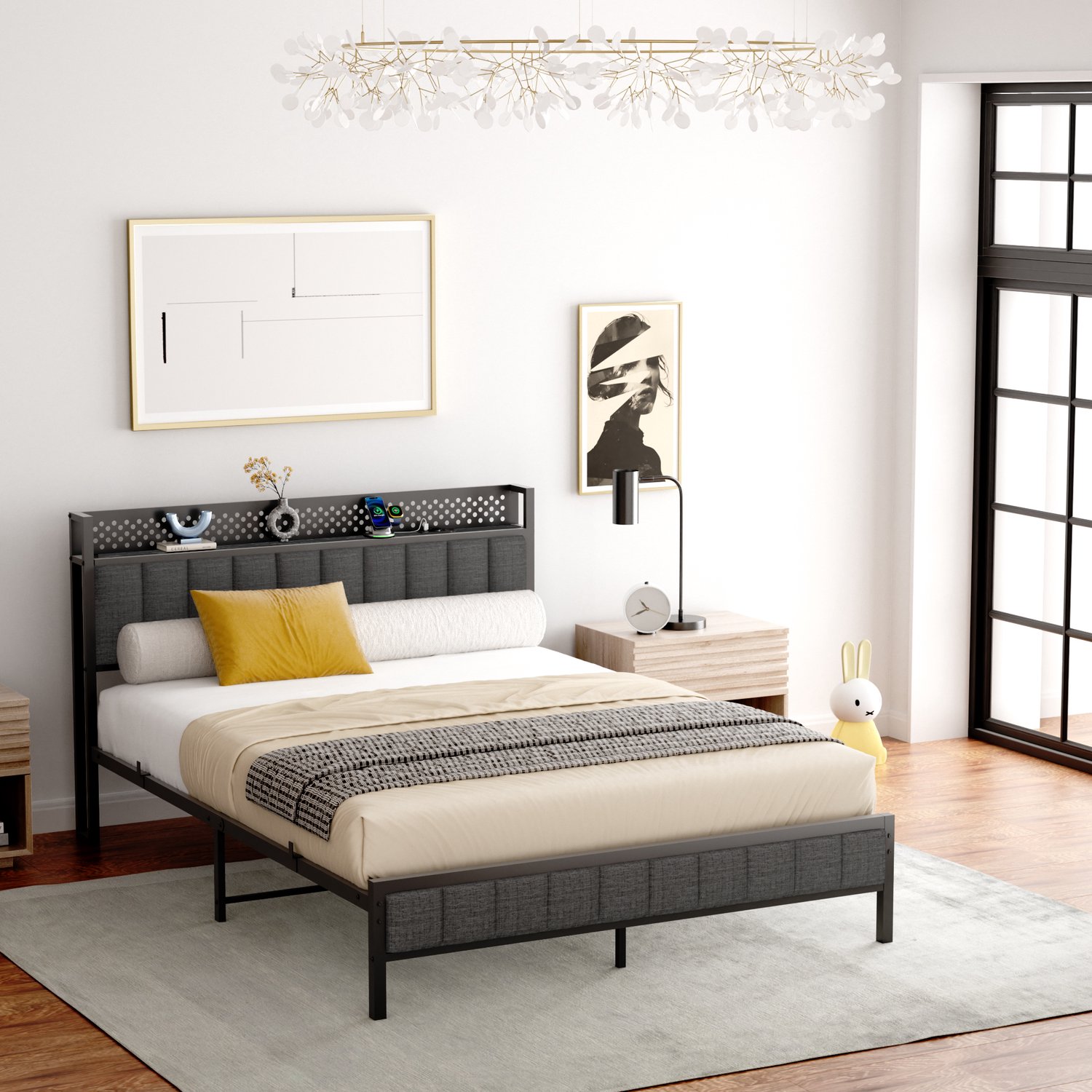CHICFURN Metalen Bed 140x200 cm - Slaapkamer - Laad- en USB-poorten - Bedframe met hoofdbordplank - Metaal en stof - Zwart