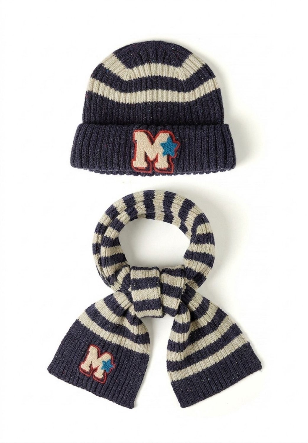 Minoti muts en sjaal kind – gestreept – M-badge met ster – marineblauw en crème