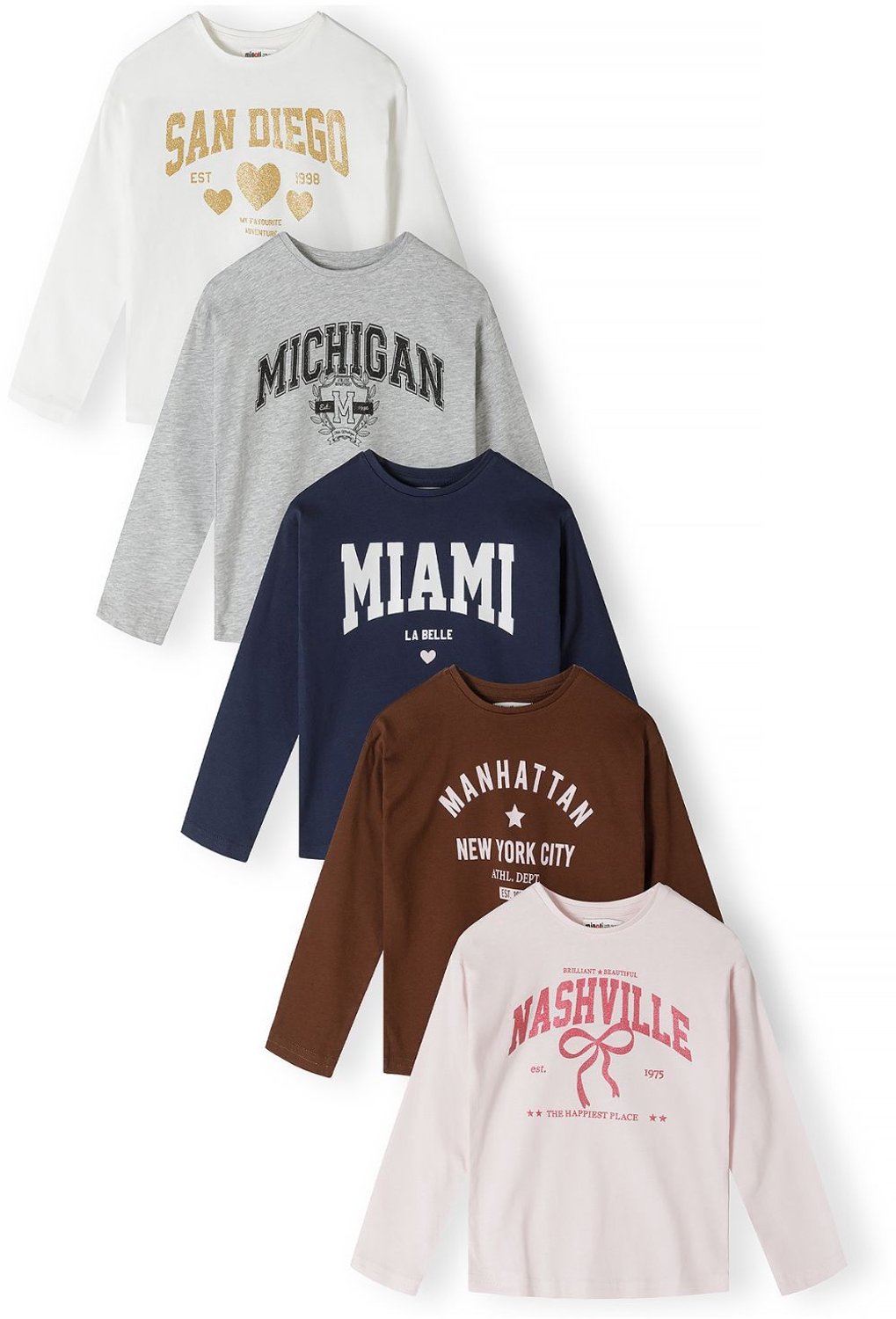 Minoti longsleeve meisjes – stadsprints met glitter – 5-pack – meerkleurig