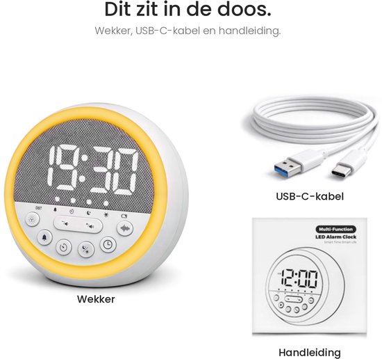 Inhoud verpakking: slaaptrainer, USB-C-kabel en handleiding voor de Multi-Function LED Alarm Clock.