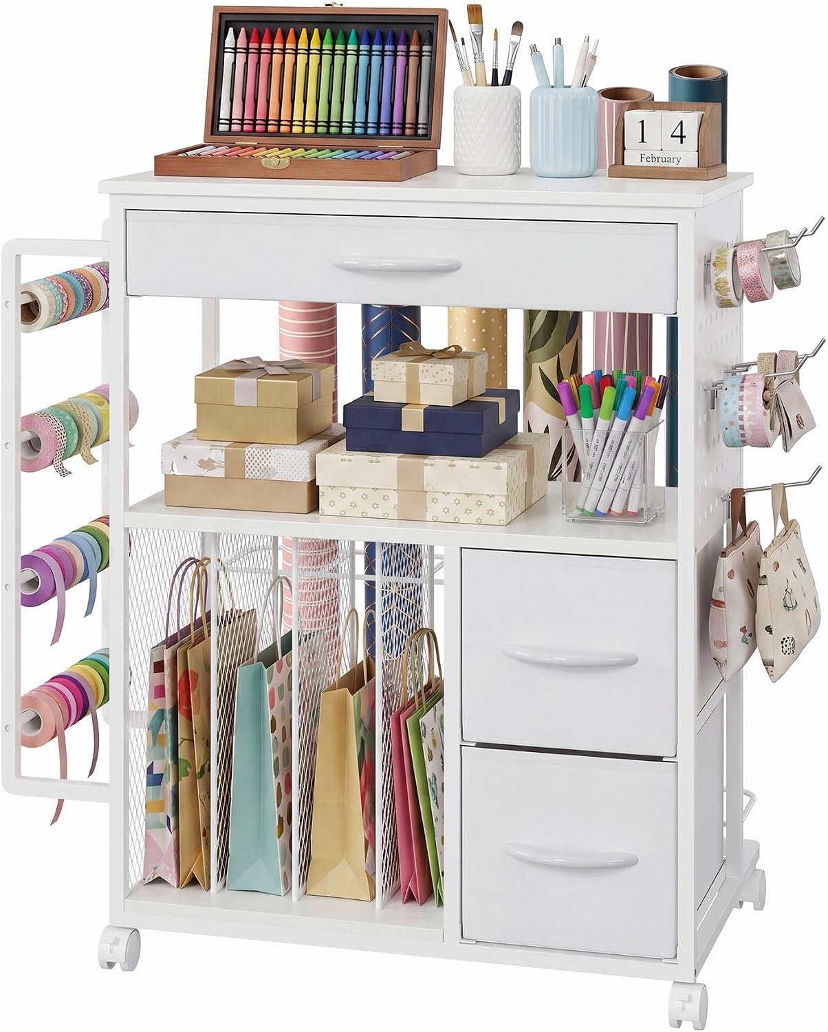 Inpakpapier Opbergwagen met 3 Lades - Hobby Craft Trolley Wit