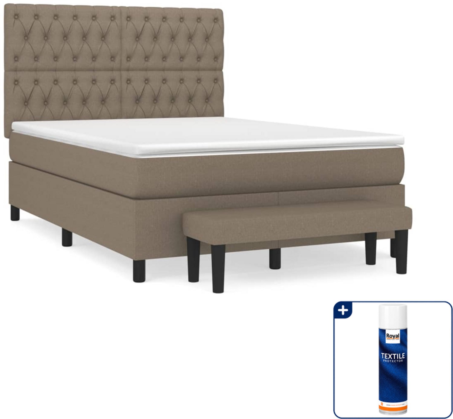 vidaXL boxspring met matras en bankje - 140 x 190 cm - taupe - Inclusief textielbeschermer 500 ml