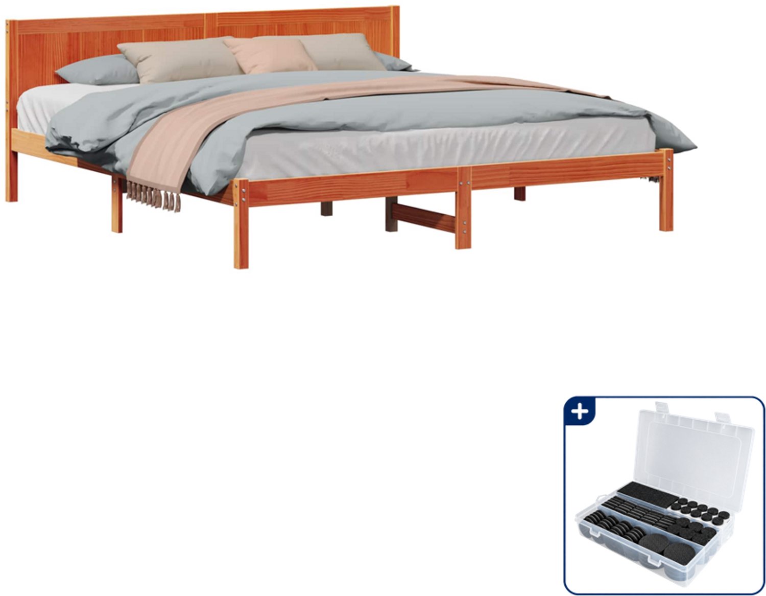 vidaXL Bedframe - Kingsize - 180 x 200 cm - massief grenenhout - bruin - Inclusief antikrasvilt 177-delig