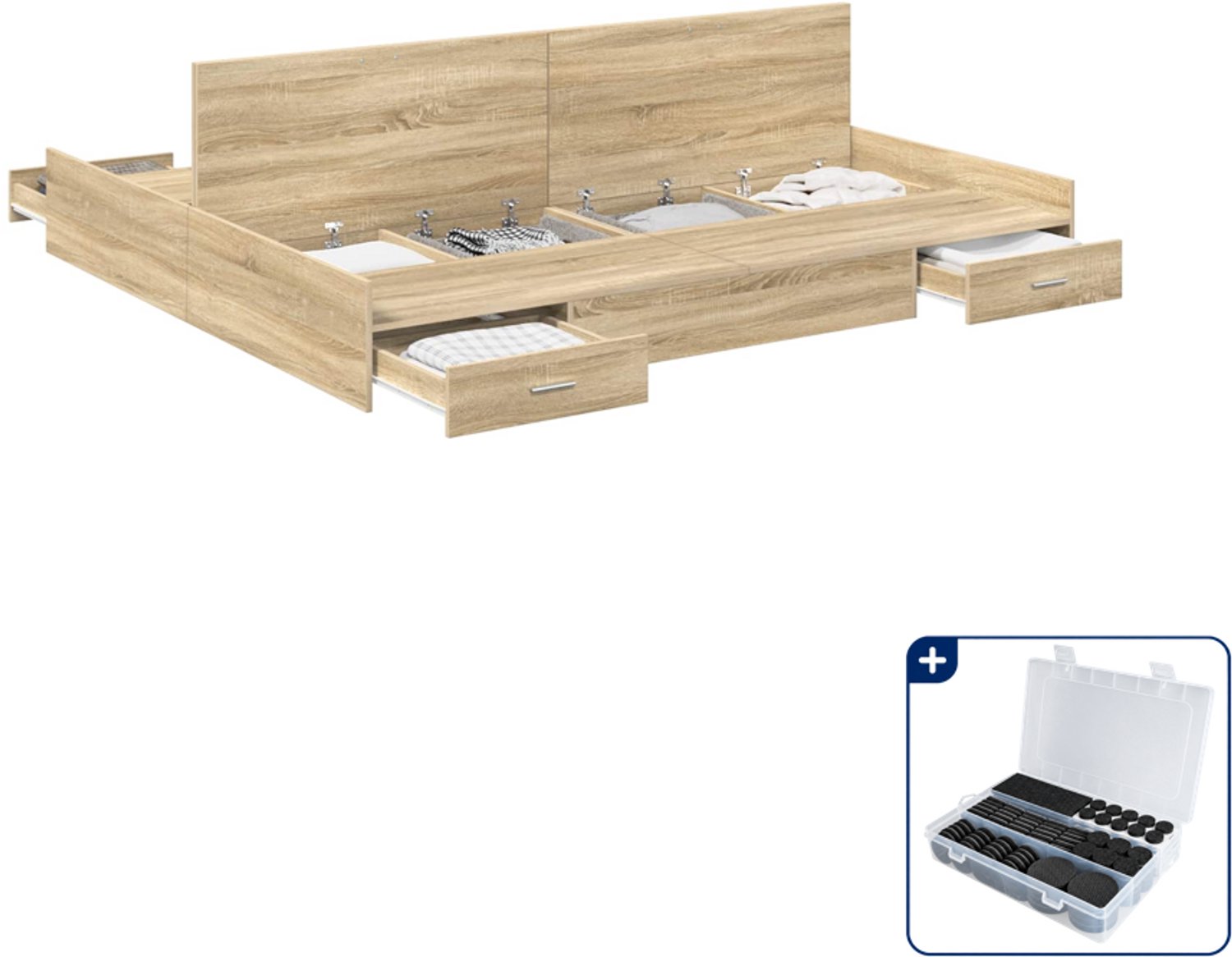 vidaXL opbergbedframe met lade - 200 x 200 cm - sonoma eiken - Inclusief antikrasvilt 177-delig Bruin