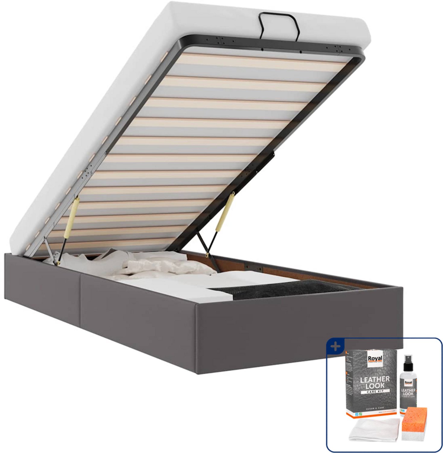 vidaXL bedframe - 90 x 200 cm - kunstleer - grijs - Inclusief onderhoudsset voor kunstleer 150 ml Zwart