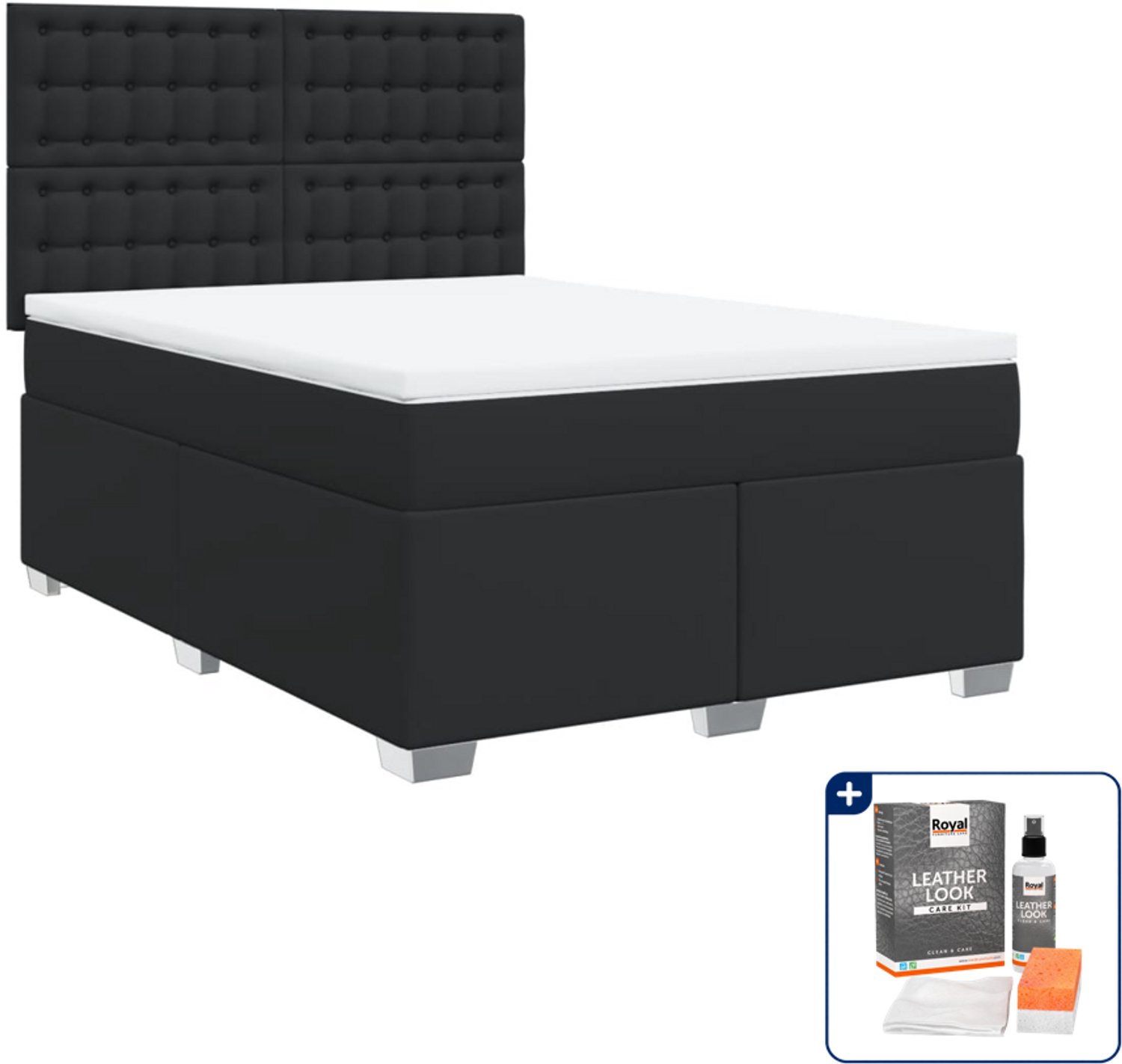 vidaXL boxspring Queensize - 160 x 200 cm - kunstleer - zwart - Inclusief onderhoudsset voor kunstleer 150 ml