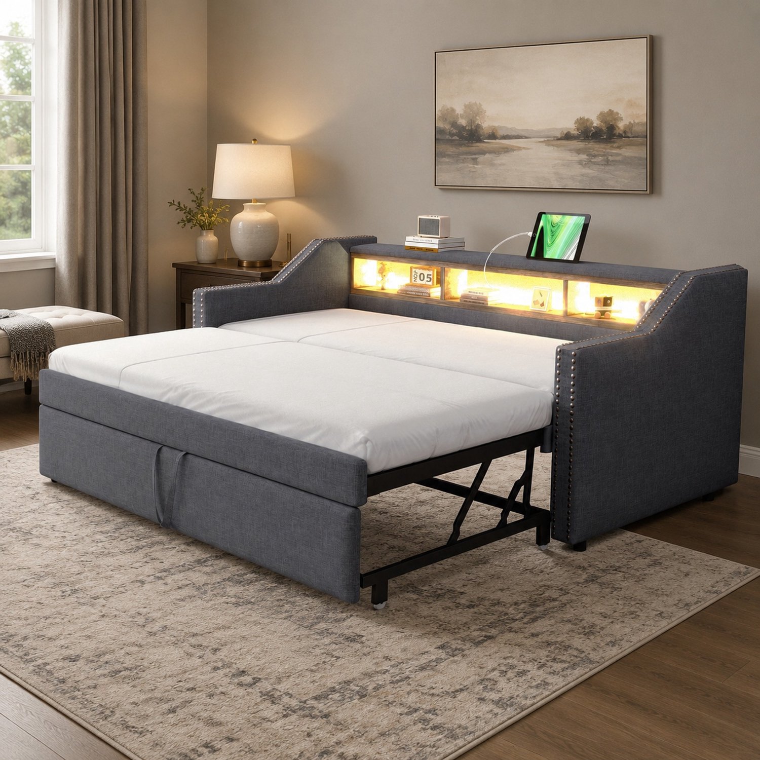Maisentiel Uitschuifbare slaapbank 90/180 x 190 cm met lattenbodem, LED en USB - donkergrijs