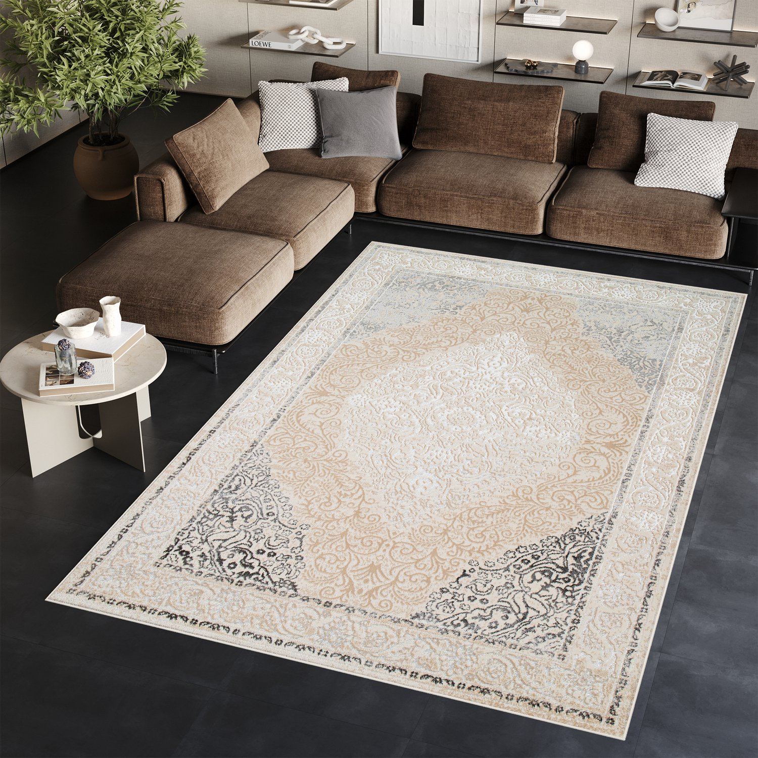 Tapiso Ares Vloerkleed Creme Laagpolig Oriental Woonkamer Frame Tapijt Maat- 180x250