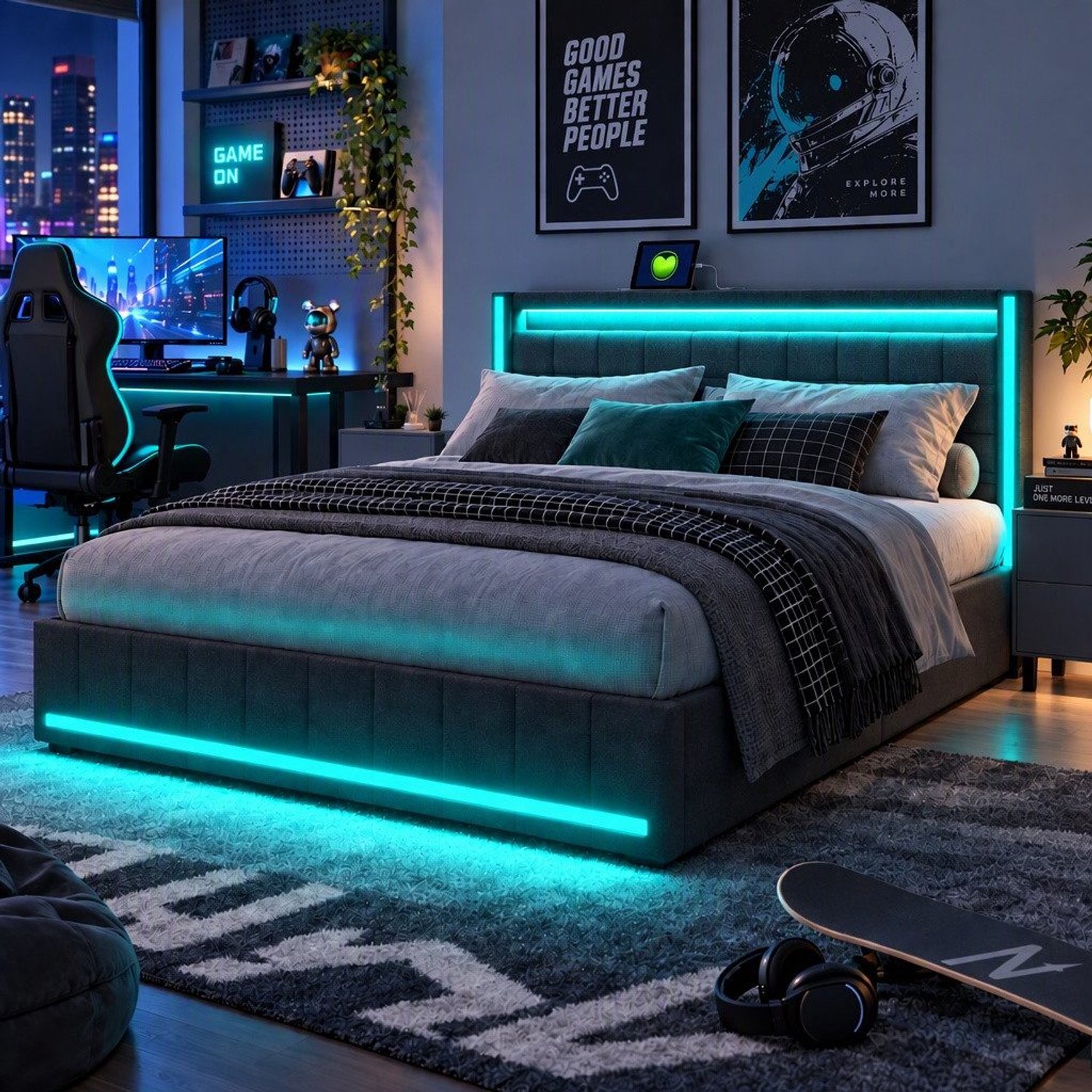 Mofor Gestoffeerd opbergbed 140x200 cm met 4 lades en lattenbodem - RGB LED-verlichting en USB-poorten - linnen bekleding - grijs