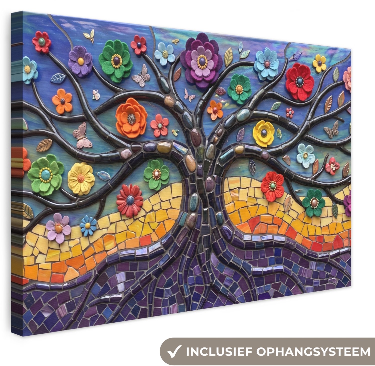 Canvas schilderij 30x20 cm - Exclusieve wanddecoratie Levensboom - Mozaïek - Bloemen - Kleurrijk - Vrolijk - Muurdecoratie woonkamer - Slaapkamer decoratie - Kamer accessoires - Schilderijen op canvas
