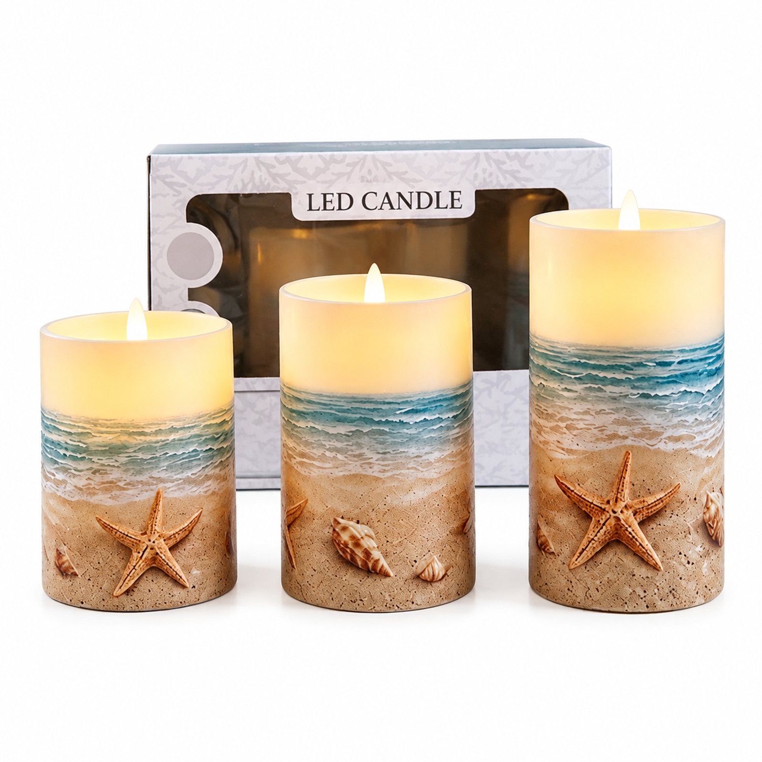 SWGOTA led kaarsen met bewegende vlam, set van 3, warm licht en strandmotief met zeesterren en schelpen, in vensterdoos, zonder batterijen Beige;Blauw;Wit