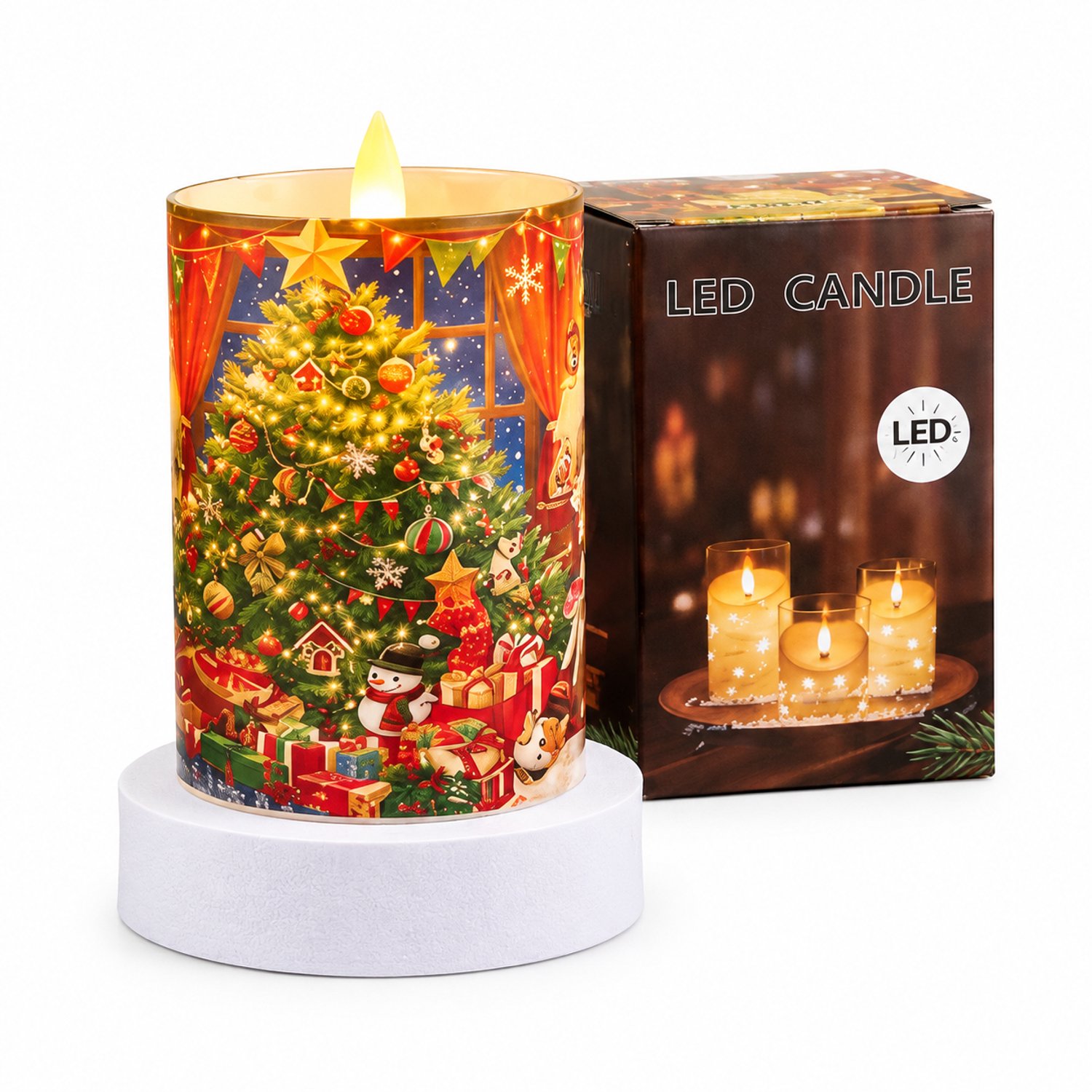 SWGOTA led kaarsen - cilindervormige kerstkaars met kerstboomprint, 7,5 x 10 cm, zonder batterijen Blauw