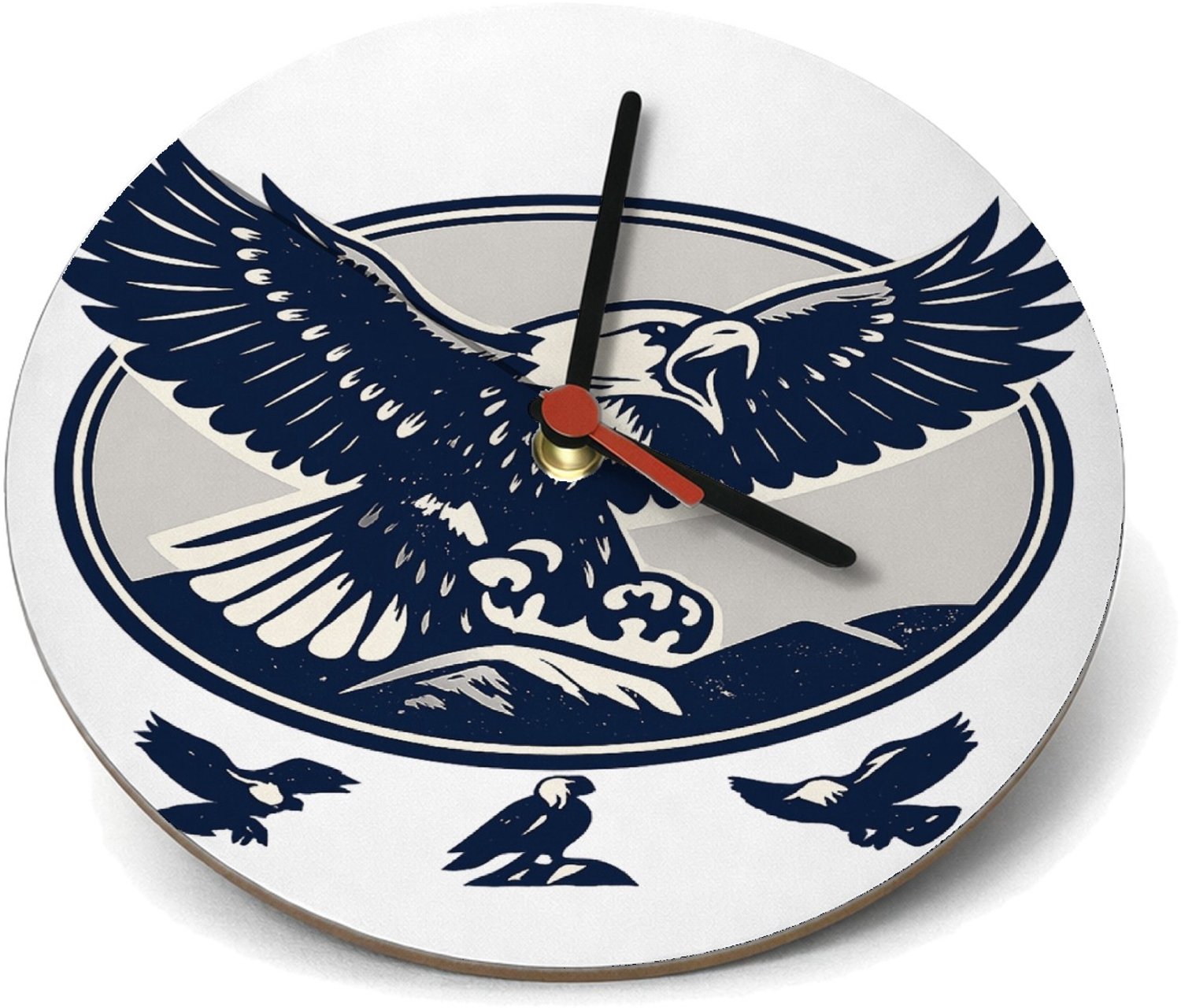 Mr Cadeautjes Klok rond Ø 19 - design Een vliegende arend met uitgespreide vleugels in een ovale v | cadeau Wit