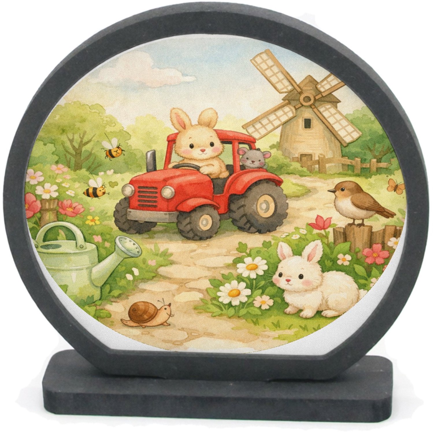 Mr Cadeautjes Houten fotolijst rond met MDF inleg - design Een vrolijke tuinscène met een gieter, bijen, bloemen en kle | cadeau Wit