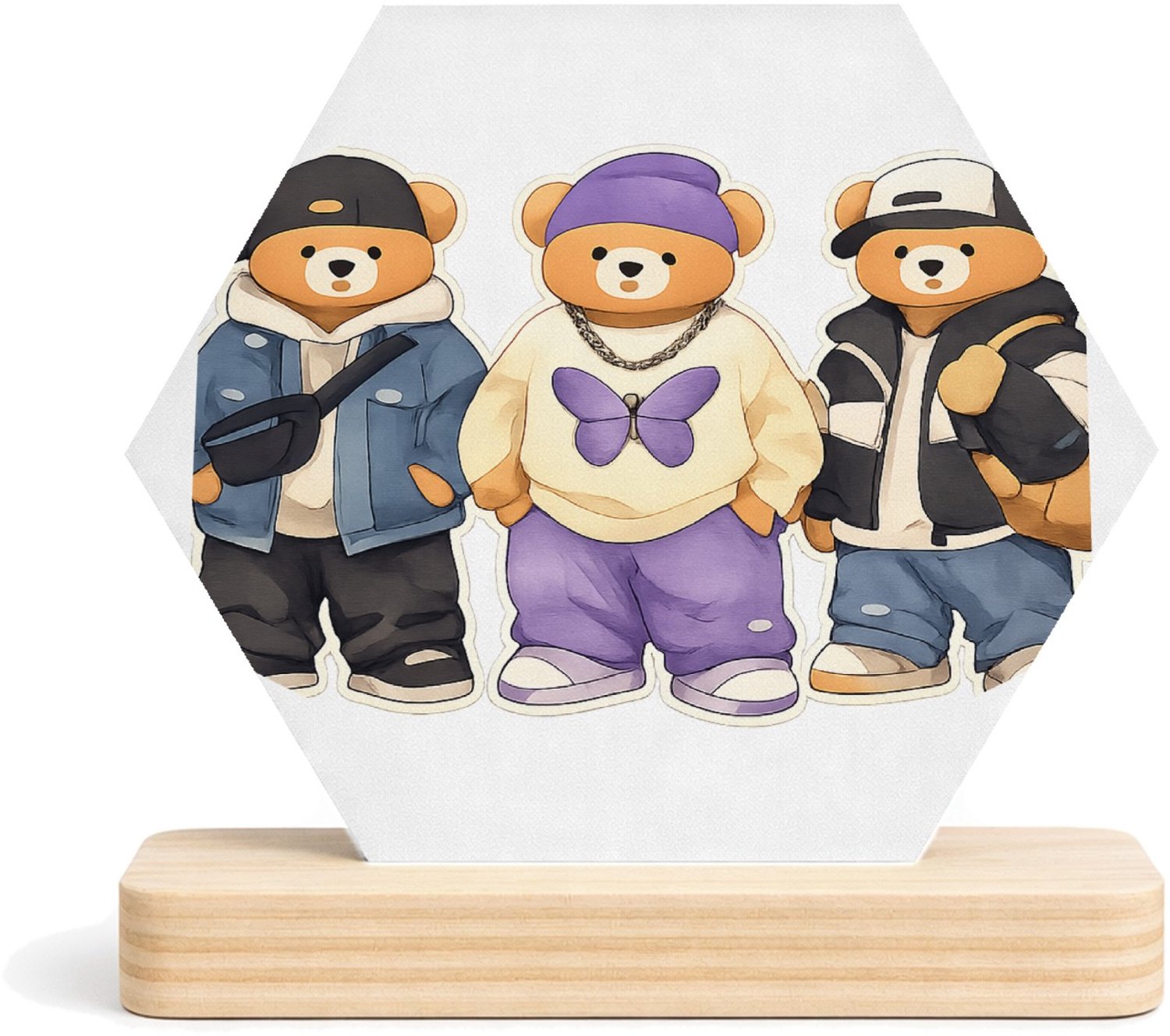 Mr Cadeautjes MDF fotolijst/inleg hexagon 14 x 13 - design Een trio van konijnen als hippe stadsfiguren met jassen, pet | cadeau Wit