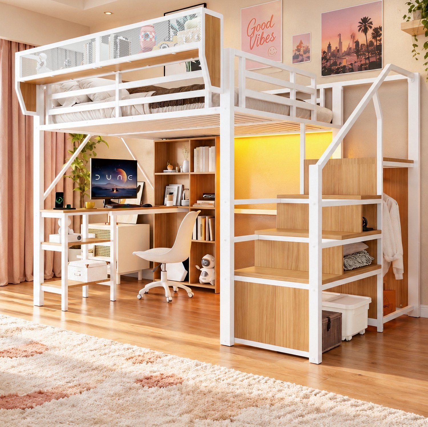 MODFU Hoogslaper - Opbergtrap En Bureau - Metaal En MDF - Wit/Zwart - 140 X 200 Cm