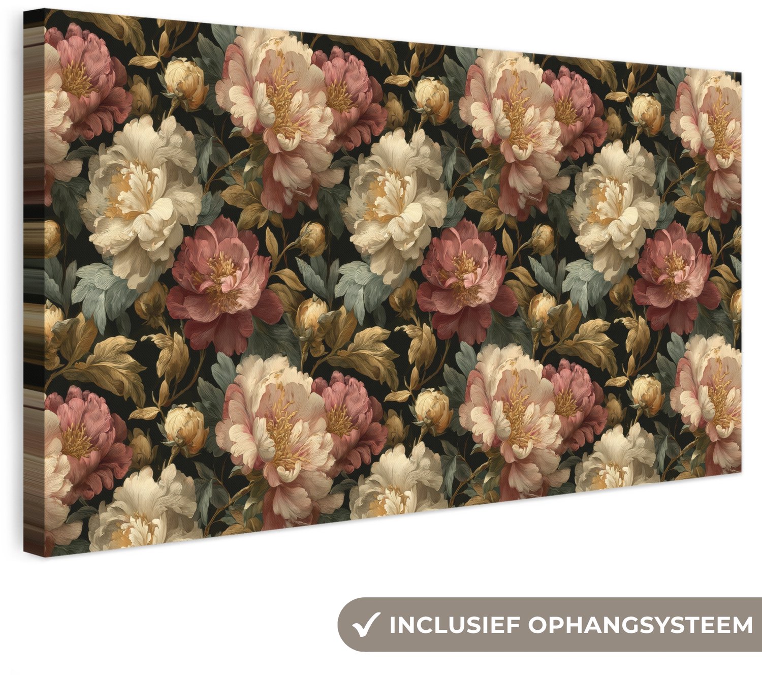 Canvas schilderij 80x40 cm - Exclusieve wanddecoratie Bloemen - Barok - Patroon - Roze - Crème - Muurdecoratie woonkamer - Slaapkamer decoratie - Kamer accessoires - Schilderijen op canvas