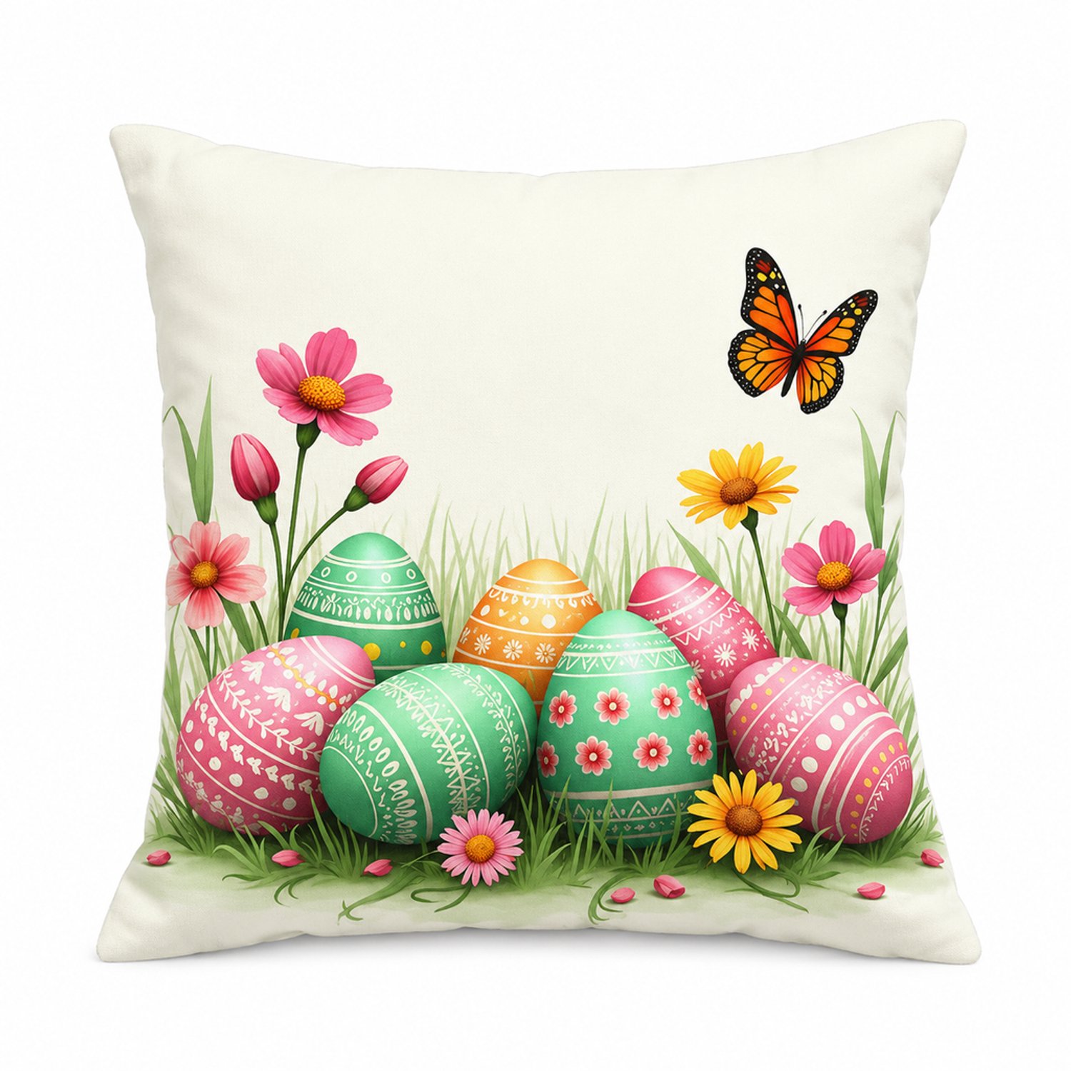 SWGOTA Kussenhoes met paaseieren 45 x 45 cm - Polyester - Vierkant met bloemen en vlinder voor bankdecoratie Crème