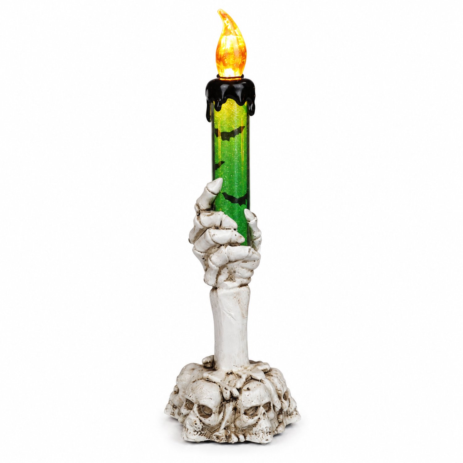 SWGOTA led kaarsen voor Halloween - groot groen model met skelethand, warm amberkleurig licht, vleermuismotieven en schedelvoet