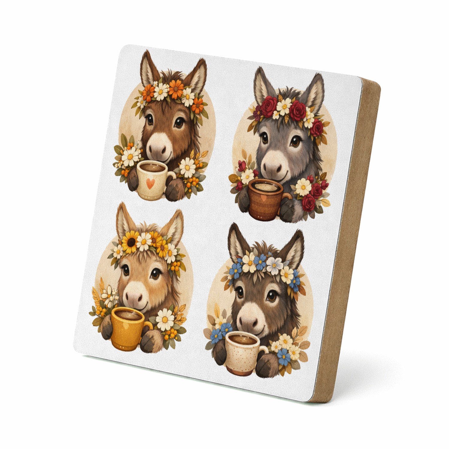 Mr Cadeautjes MDF staande fotolijst 15,2 x 15,2 - design Een serie ezelportretten met boeketjes en een warme drank in | cadeau Wit