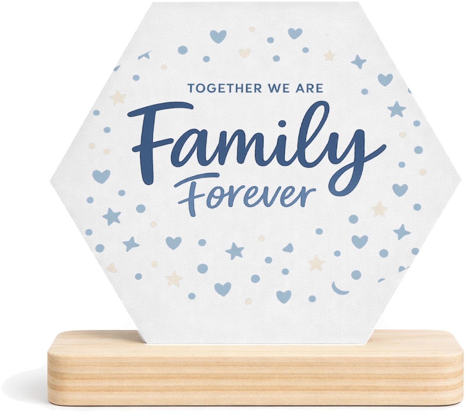 Mr Cadeautjes MDF fotolijst/inleg hexagon 14 x 13 - design Een rustige familietypografische print met een speels stippe | cadeau Wit