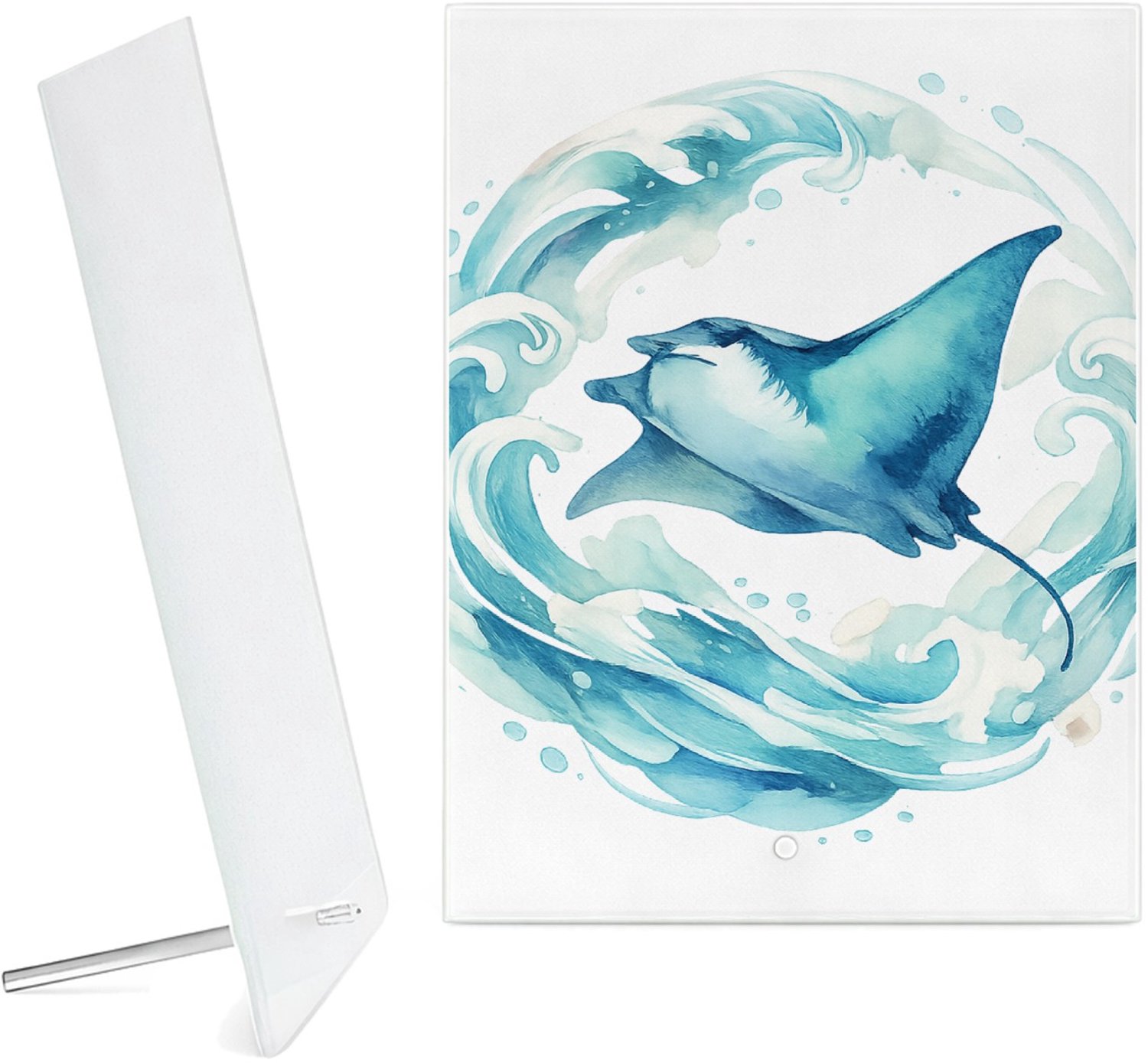 Mr Cadeautjes Glazen fotopaneel Een sierlijke wind- en watercirkel rond een vliegende mantar - 15 x 20 cm, staand - glas, decoratie, wanddecoratie | cadeau Wit