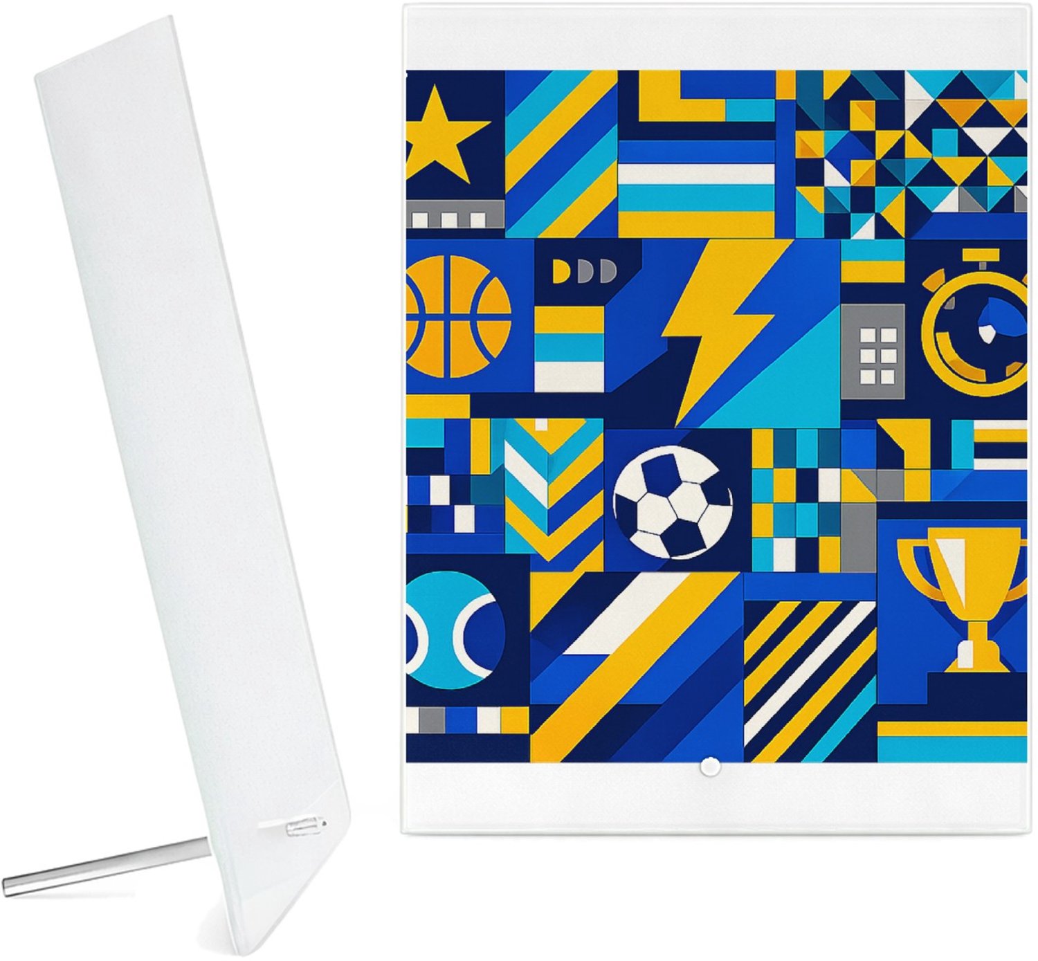 Mr Cadeautjes Glazen fotopaneel Een sportieve patchworkprint met kleine iconische vormen zoa - 15 x 20 cm, staand - glas, decoratie, wanddecoratie | cadeau Wit