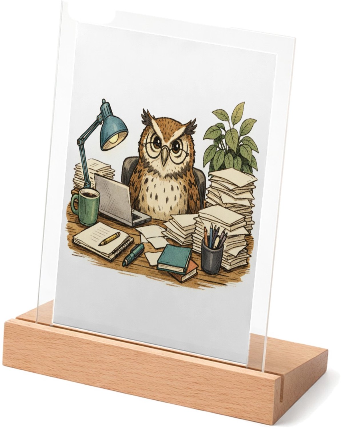 Mr Cadeautjes Glasframe met vaste tekst - design Een bosuil die op een chaotisch bureau een stapel dossiers o | cadeau Wit