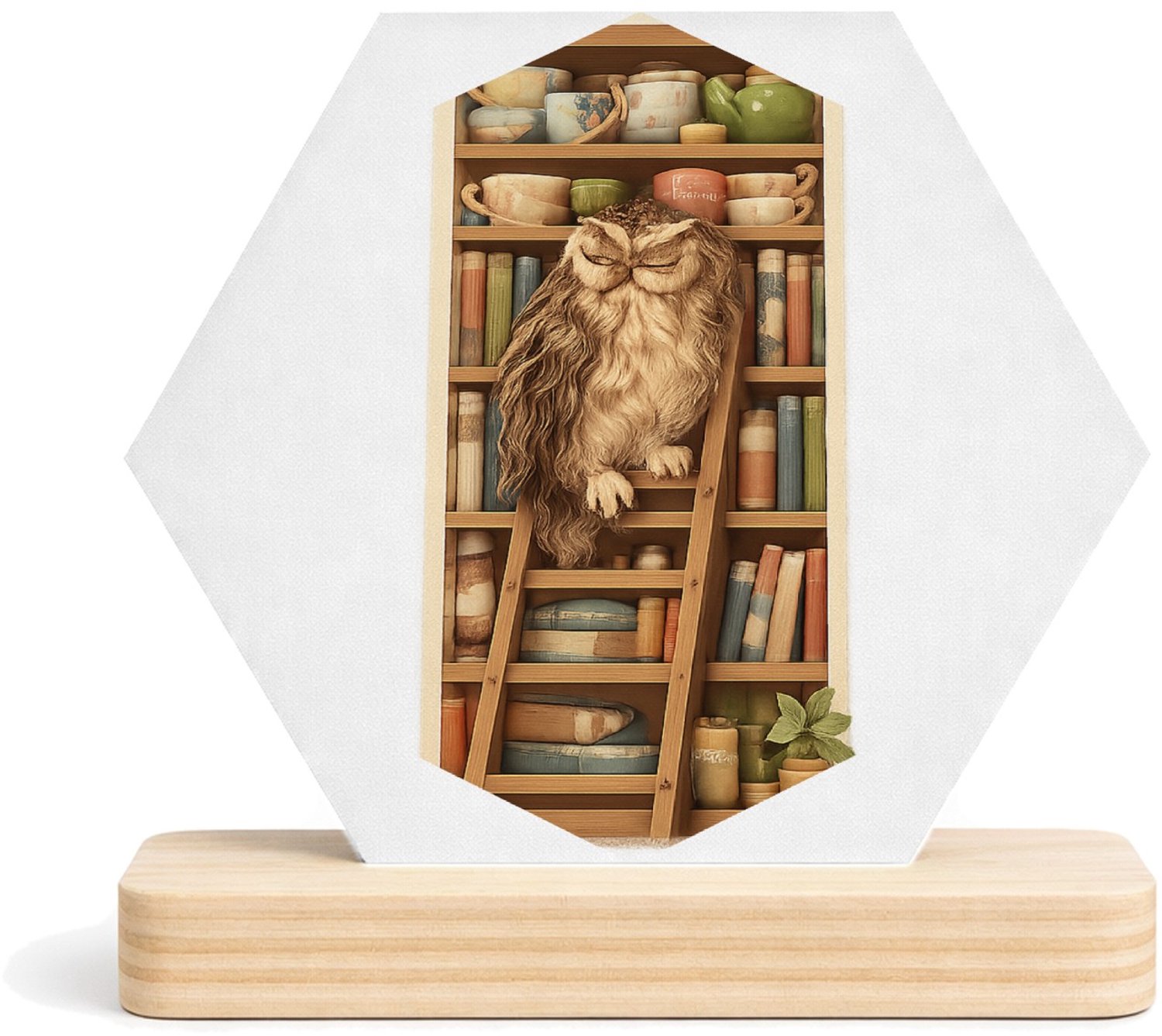 Mr Cadeautjes MDF fotolijst/inleg hexagon 14 x 13 - design Een slaperige uil op een ladder naast een hoge plank met the | cadeau Wit