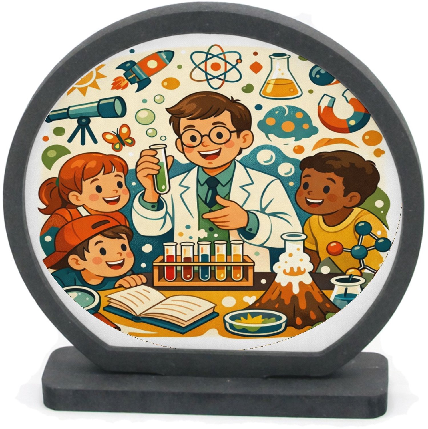 Mr Cadeautjes Houten fotolijst rond met MDF inleg - design Een energieke wetenschapsscène met buitenproeven en een spee | cadeau Wit