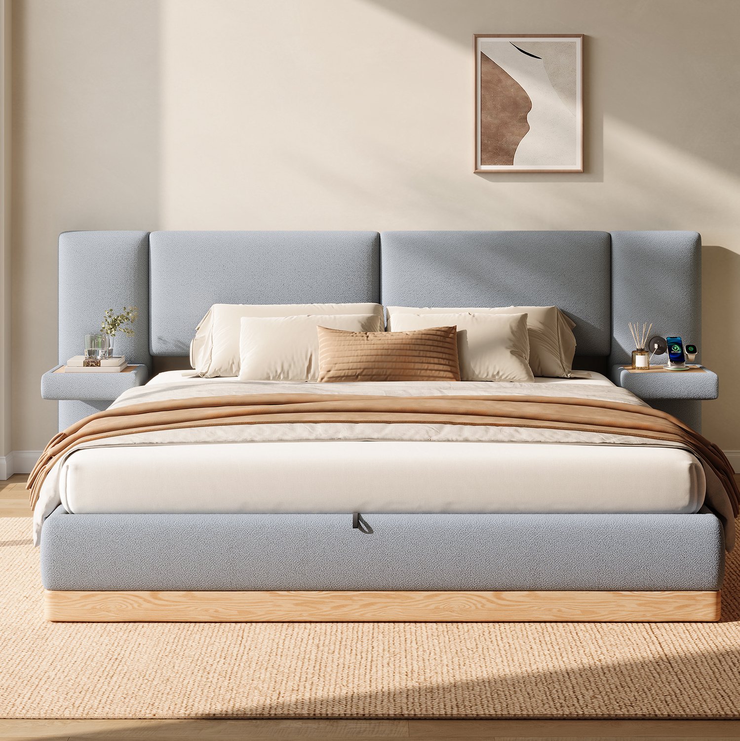 MIVRAY Gestoffeerd Bed 140x200 cm - Hydraulische Opbergruimte - Zijplanken met USB voor Slaapkamer - Zonder Matras - MDF en Stof - Grijs en Naturel