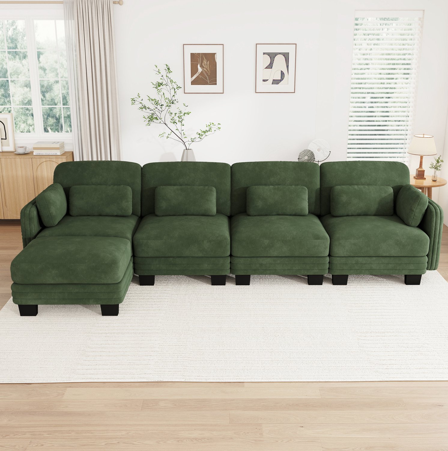 STILVORA Hoekbank 330 x 143 x 88 cm - Modulaire 4-Zits met Verplaatsbare Kussens en Voetenbank - voor Woonkamer en Appartement - Chenille - Groen