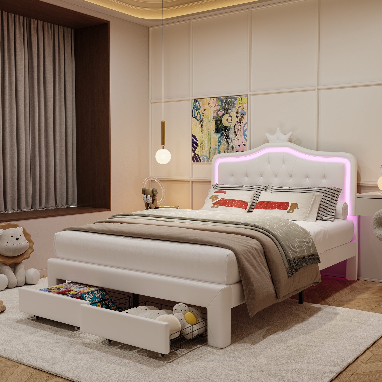 Mofor Gestoffeerd Kinderbed 140x200 cm met 2 Lades en LED-verlichting - Opbergbed - Kunstleer - Wit