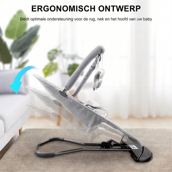 Wipstoel - Bouncer - Babywipstoel opvouwbaar - Baby Swing- 3 rugstanden - 3-puntsgordel - speelboog met 3 knuffels - afneembare wasbare katoenen hoes - tot 15 kg - lichtgrijs — afbeelding 5